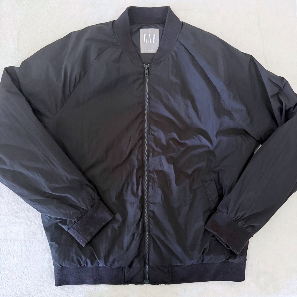 Gap Mens Bomber Jacket Black Water Repellent Full Zip Medium